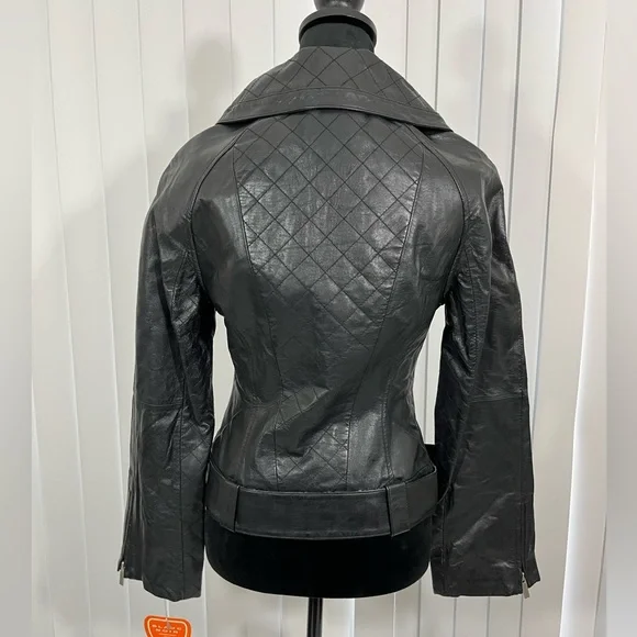 BLANC NOIR Quilted Leather Moto Jacket Belted Zip Up Lined Buckles Black Size S - Picture 4 of 9